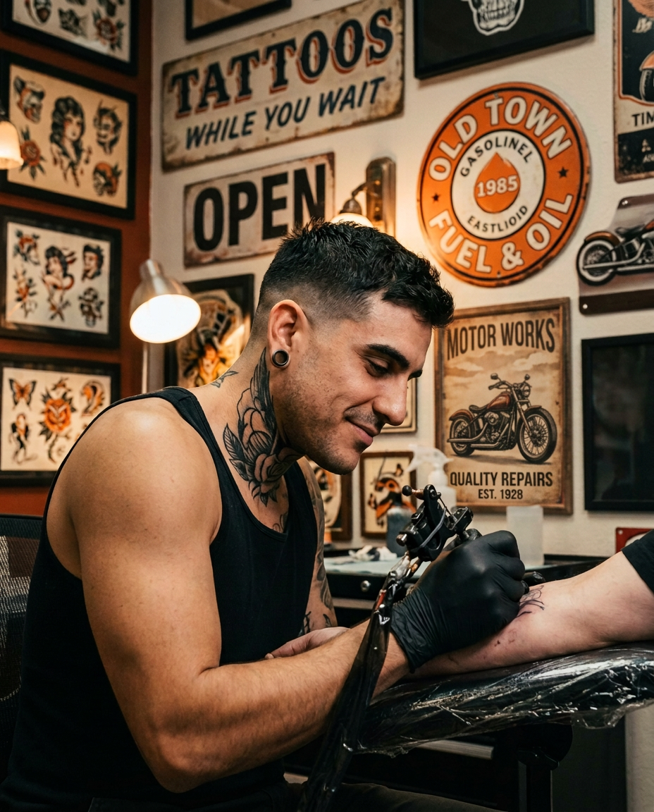 Blair tattooing in a memorabilia-filled studio